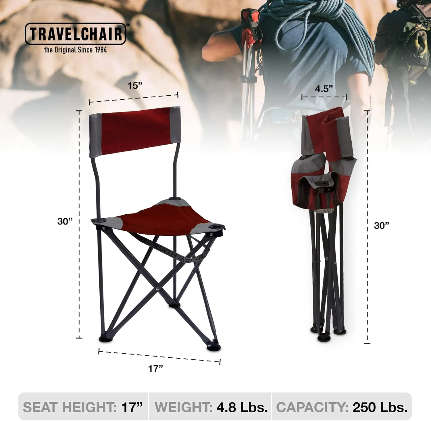 Travel Chair Ultimate Slacker 2.0, Small Folding Tripod Chair with Back for Outdoor Adventures, Portable Stool-Chair