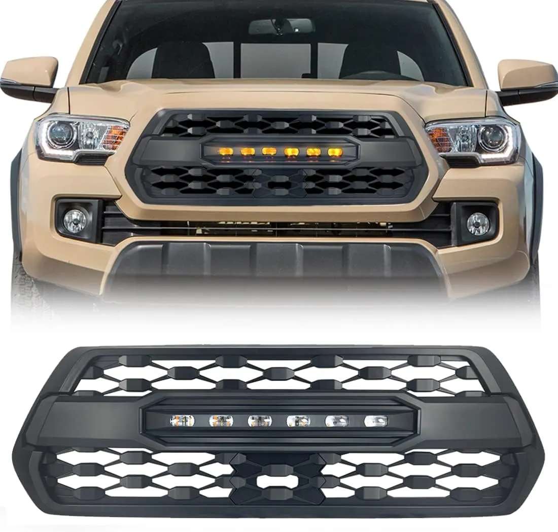 TRD Pro Style Grille Compatible with Tacoma 2016 2017 2018 2019 2020 2021, Matte Black Front Grill with LED Off-Road Lights, Not for Trucks w/Radar Behind Emblem