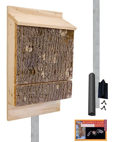 Triple Chamber Bark Clad Bat House and Pole Kit, 300 bats
