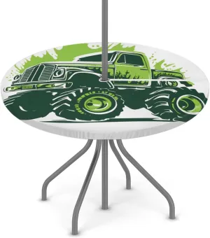 TropicalLife Cartoon Mountain Buggy Round Fitted Tablecloth with Zipper and Umbrella Hole Outdoor Table Cover Elastic Edged Table Cover, 45''-56'' Diameter