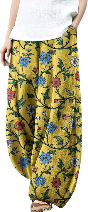 Trousers Pants for Women Wide Leg Floral Print Boho Pants Palazzo Elastic Lounge Casual Lantern Harem Pants