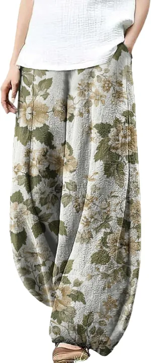 Trousers Pants for Women Wide Leg Floral Print Boho Pants Palazzo Elastic Lounge Casual Lantern Harem Pants