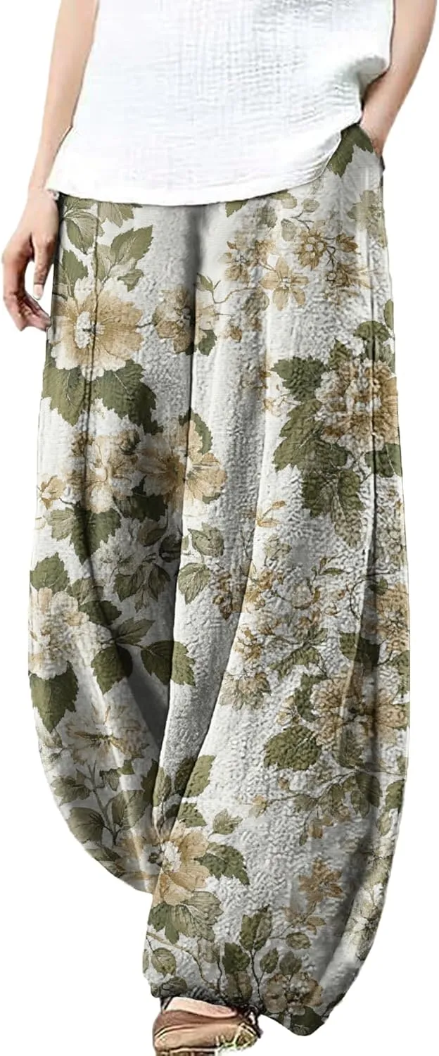 Trousers Pants for Women Wide Leg Floral Print Boho Pants Palazzo Elastic Lounge Casual Lantern Harem Pants