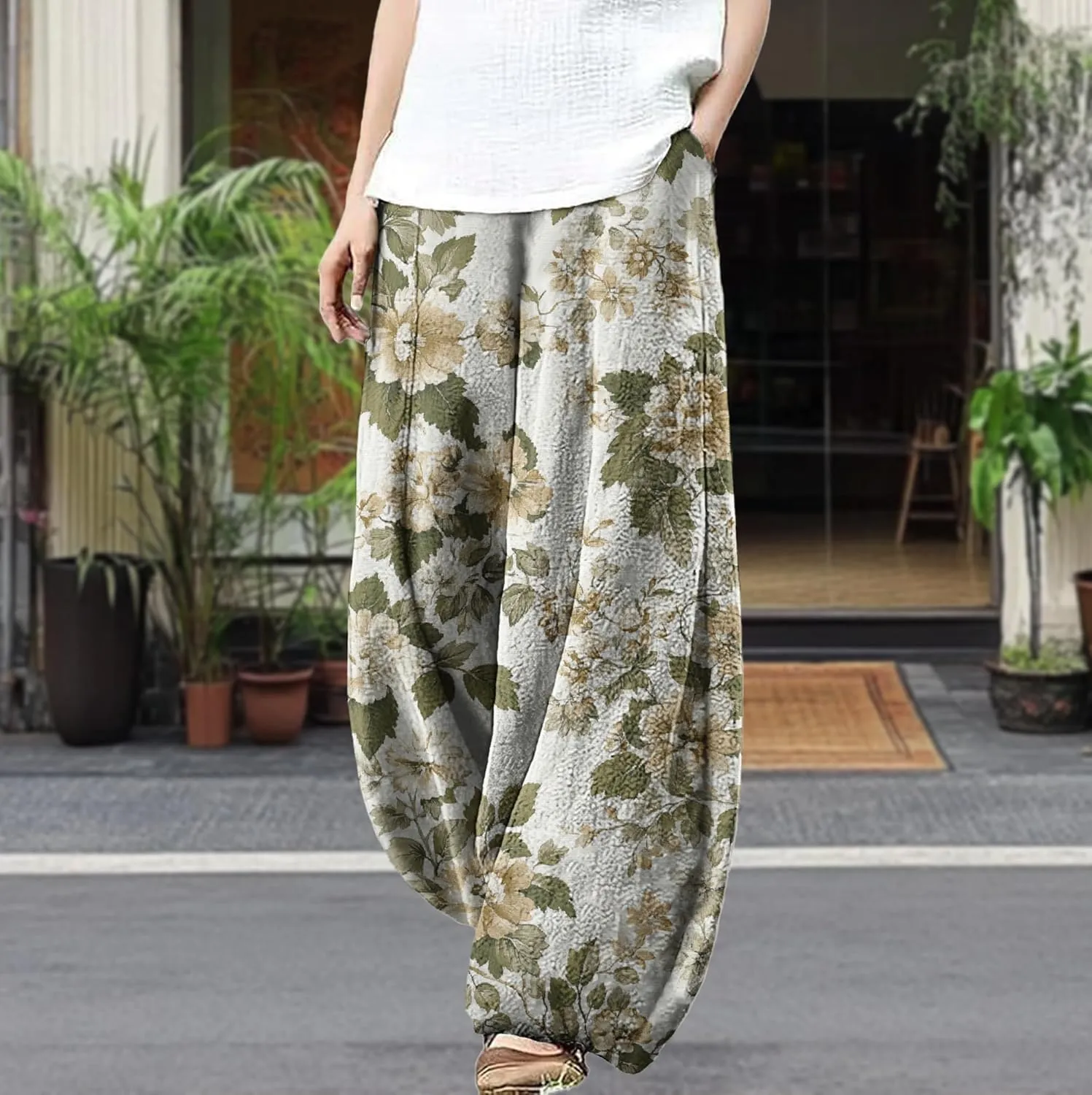 Trousers Pants for Women Wide Leg Floral Print Boho Pants Palazzo Elastic Lounge Casual Lantern Harem Pants