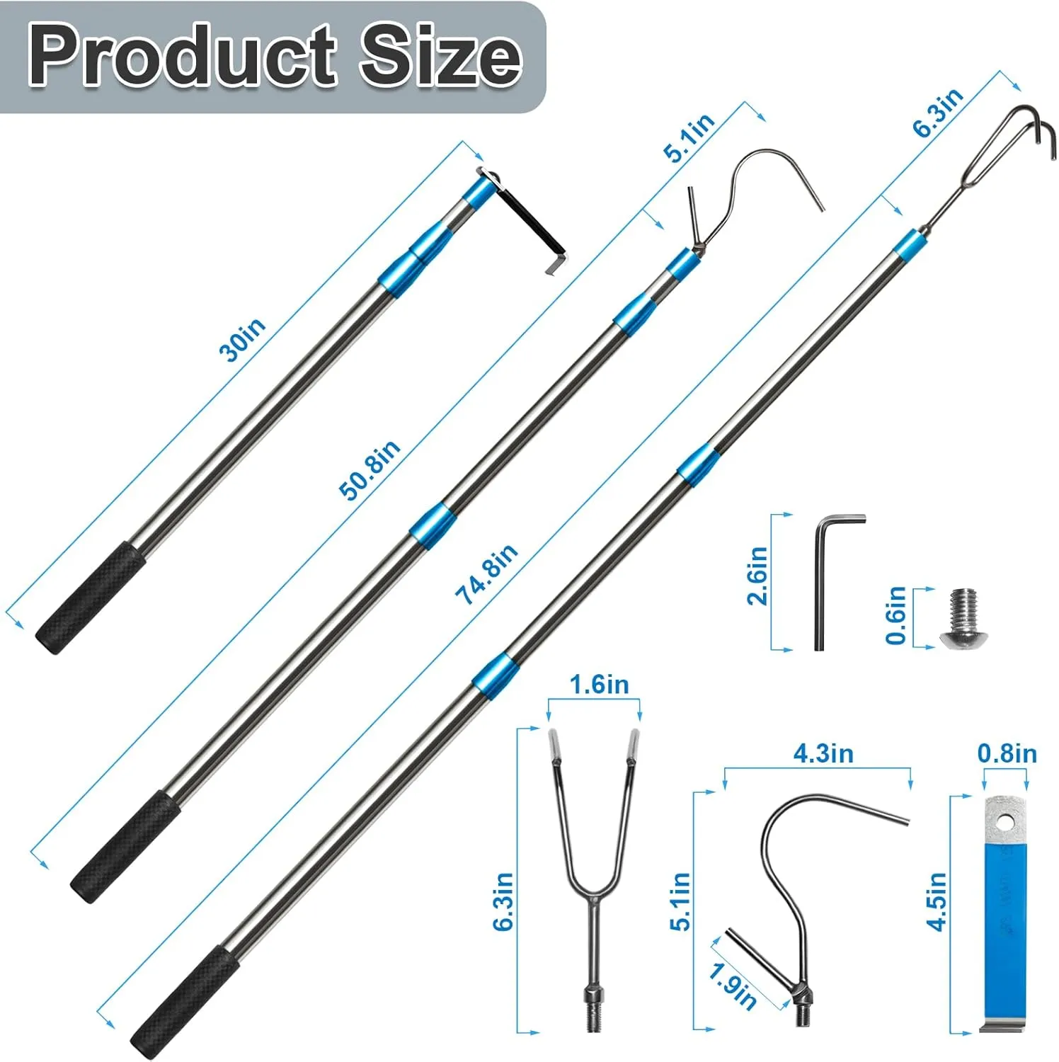 Truck Cargo Grabber - 6.3 Ft Heavy Duty Truck Accessories Telescoping Pole with 3 Hooks, Reach Retriever Tool for Pickup Trucks Bed, Accessories, and More (Blue)