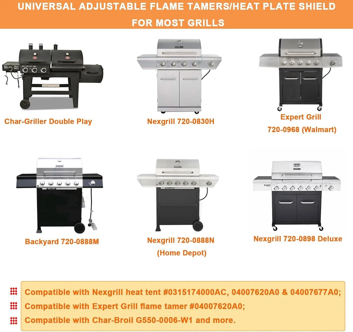 Universal Adjustable Heat Plate Shield, Burner Cover for Gas Grill Char-Broil G550-0006-W1, Replacement Parts for Expert Grill Flame Tamer, Nexgrill Heat Tent etc., 14" to 22" L, 4PCS, Porcelain Steel