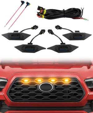 Updated 4 PCS LED Grill Lights Kit with Two Fuse Adaptors Compatible with 2020 2021 2022 2023 Toyota Tacoma TRD Off Road & Sport OEM Grille (Amber Light with Black Shell)