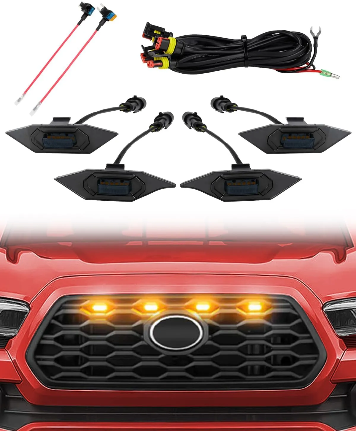 Updated 4 PCS LED Grill Lights Kit with Two Fuse Adaptors Compatible with 2020 2021 2022 2023 Toyota Tacoma TRD Off Road & Sport OEM Grille (Amber Light with Black Shell)