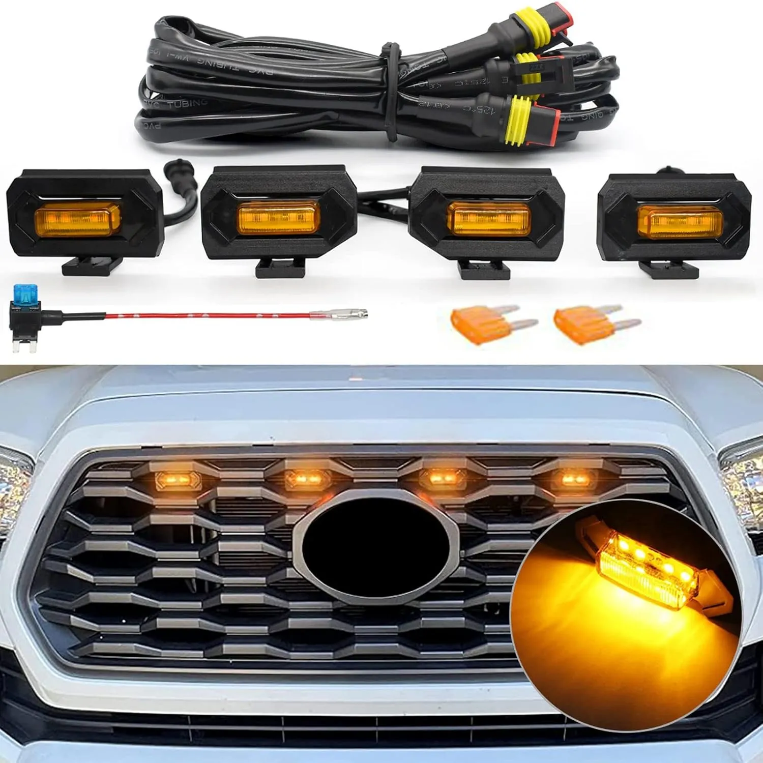 Upgraded Grill Lights 4PCS for Toyota Tacoma 2020-2023 TRD Off Road and TRD Sport OEM Grill, Tacoma Accessories Replacement LED Warning Lights with Fuse (Amber Light/Amber Lens)