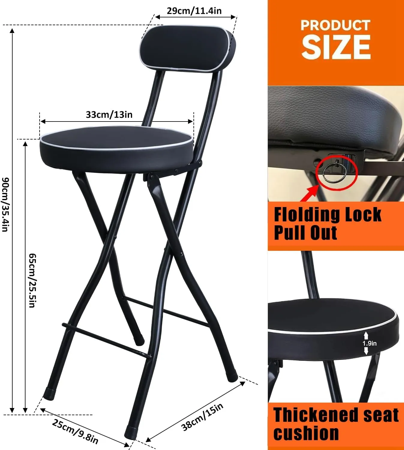 UWEAR Folding Bar Stool with Back,Tall Foldable Chair Leather Padded Portable Stools Counter Height Foldable Stools Chairs,Collapsible Stool for Adults Kitchen Island Guitar Barstools(Black)