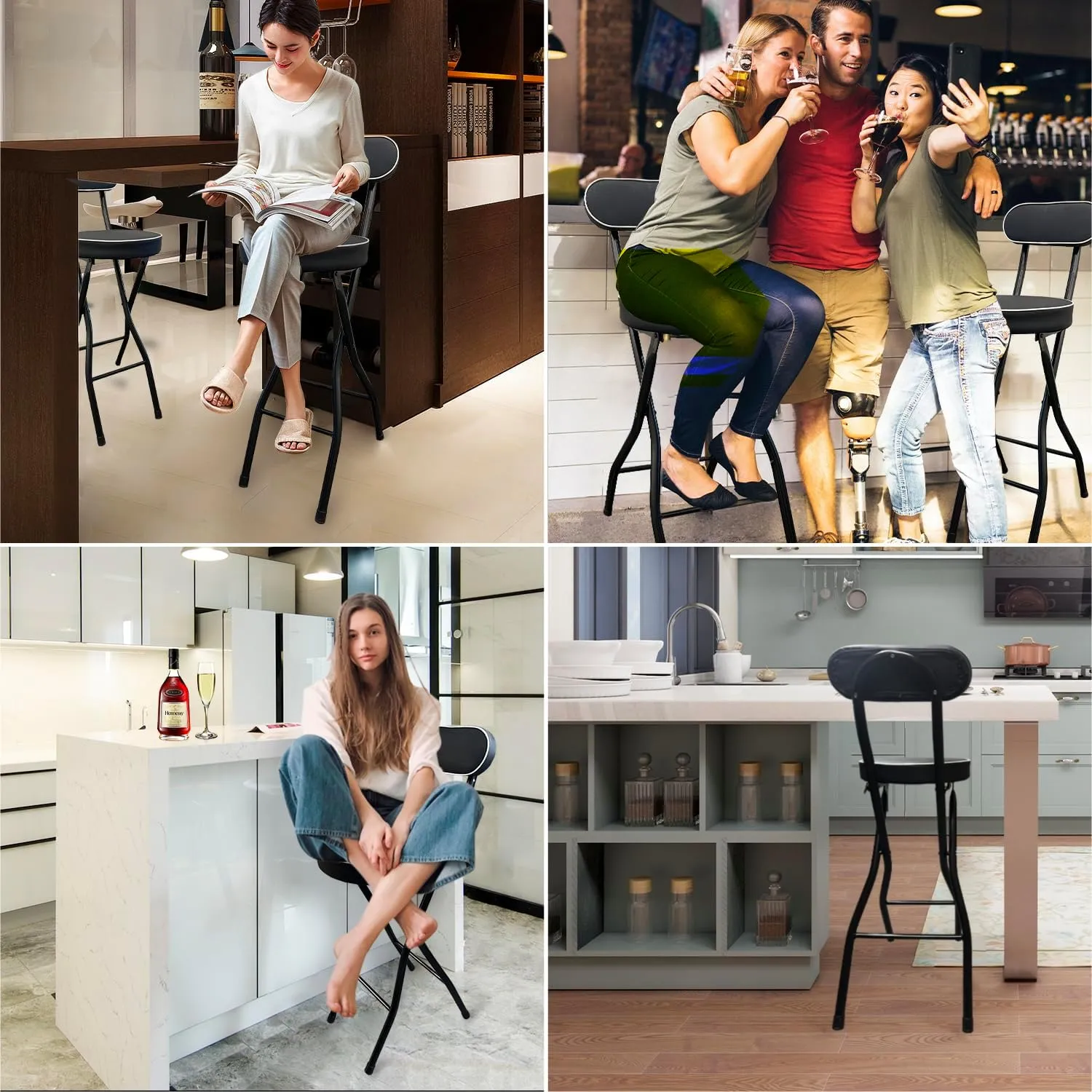 UWEAR Folding Bar Stool with Back,Tall Foldable Chair Leather Padded Portable Stools Counter Height Foldable Stools Chairs,Collapsible Stool for Adults Kitchen Island Guitar Barstools(Black)