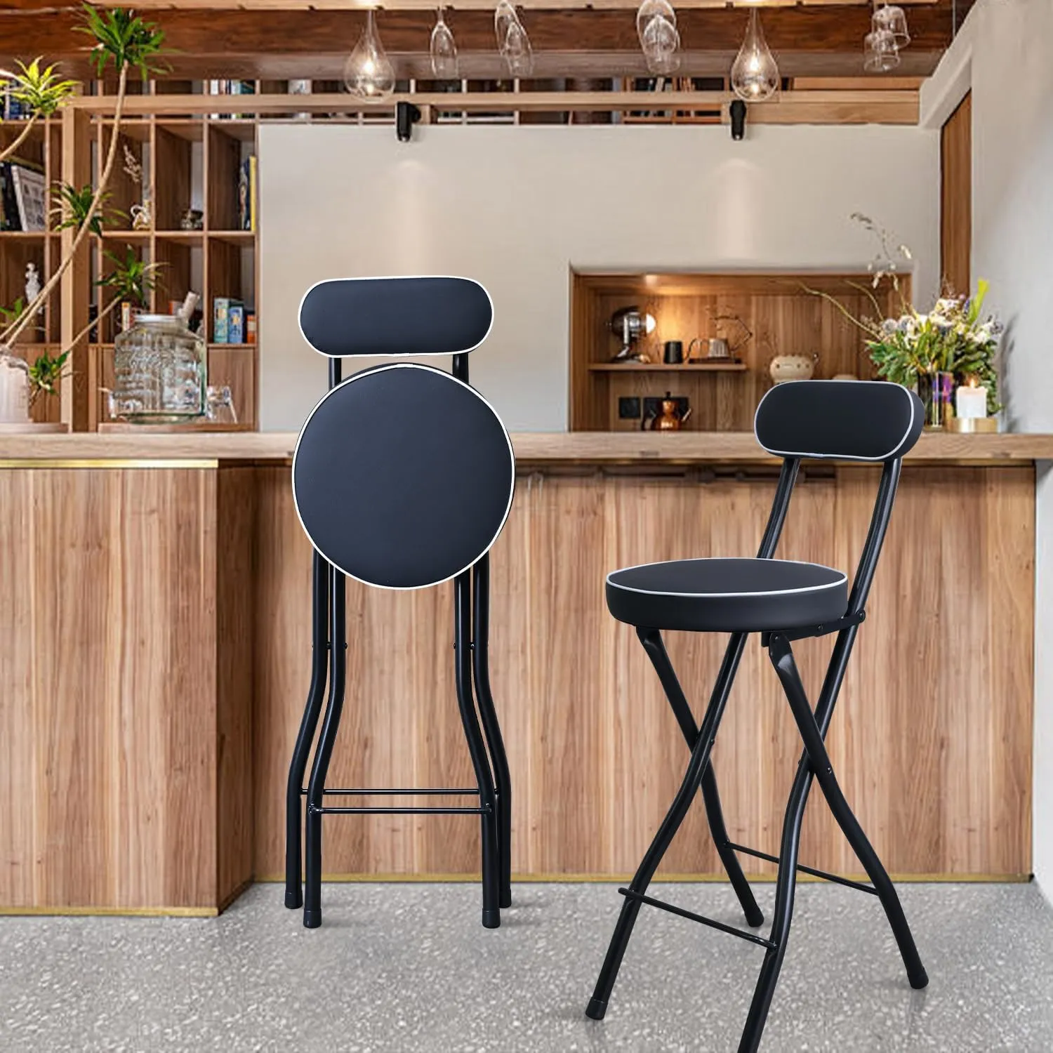 UWEAR Folding Bar Stool with Back,Tall Foldable Chair Leather Padded Portable Stools Counter Height Foldable Stools Chairs,Collapsible Stool for Adults Kitchen Island Guitar Barstools(Black)