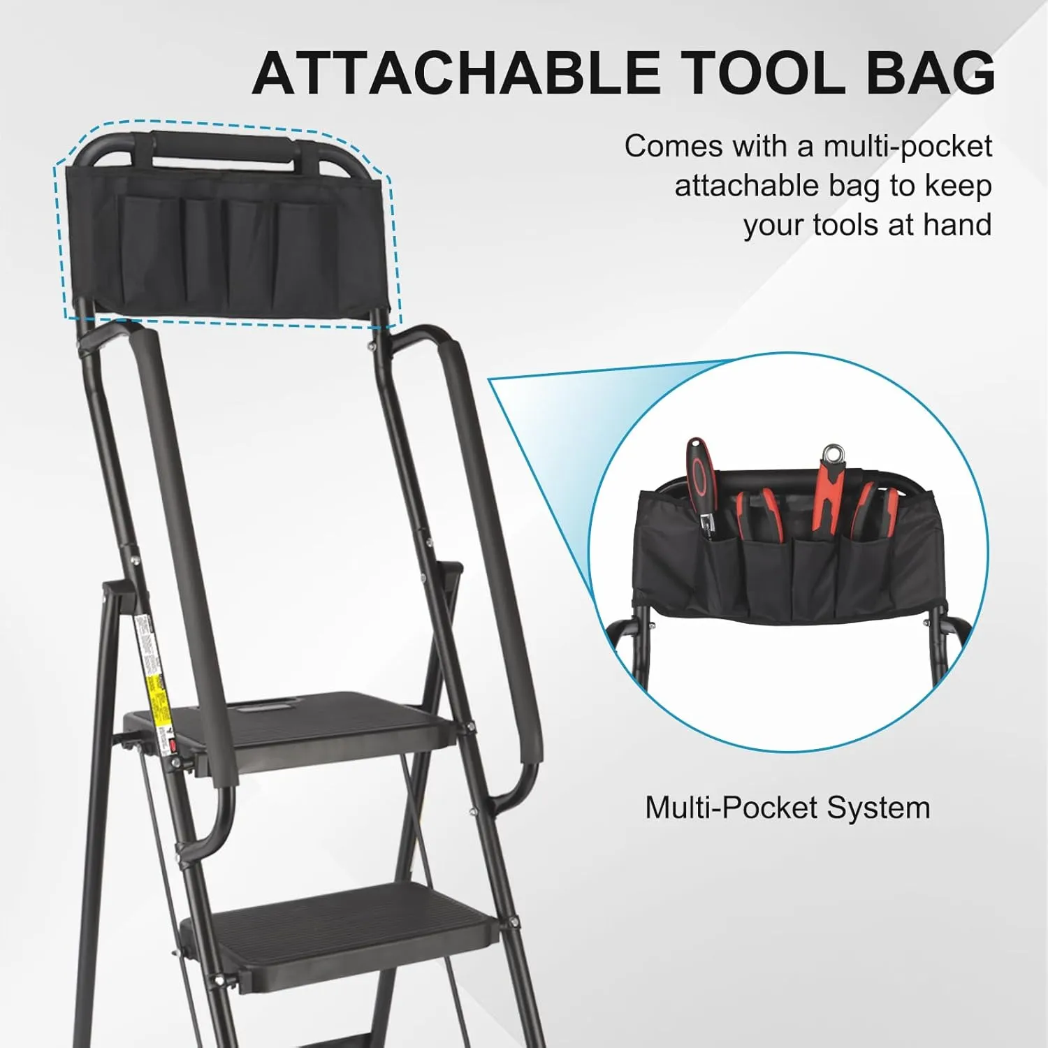 Valeo 4 Step Ladder with Handrails,500 Lbs Capacity,Folding Step Stool Ladder with Attachable Tool Bag,Lightweight & Storage Step Ladder 4 Step Folding,Multi-use for Home,Kitchen,Office,Black
