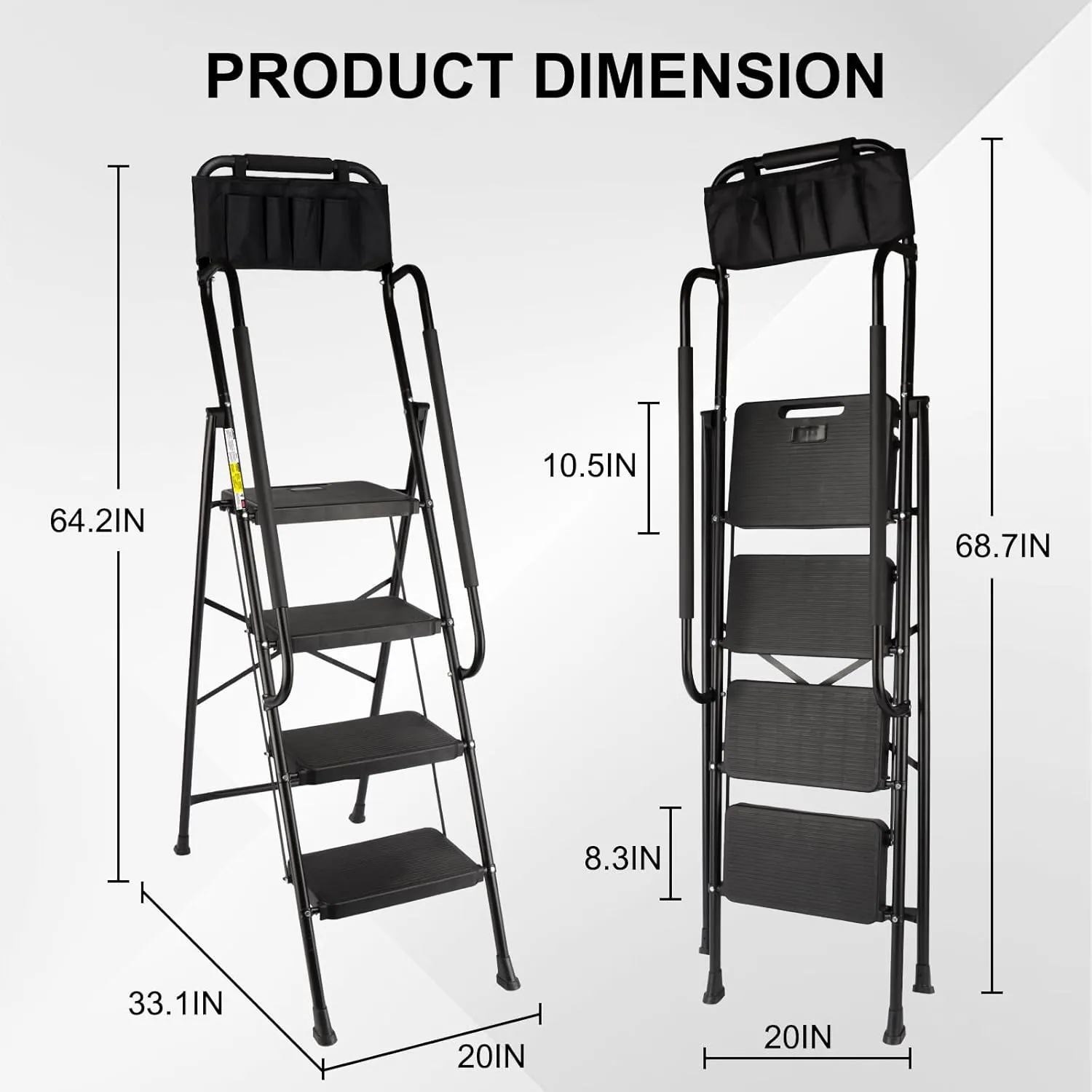 Valeo 4 Step Ladder with Handrails,500 Lbs Capacity,Folding Step Stool Ladder with Attachable Tool Bag,Lightweight & Storage Step Ladder 4 Step Folding,Multi-use for Home,Kitchen,Office,Black