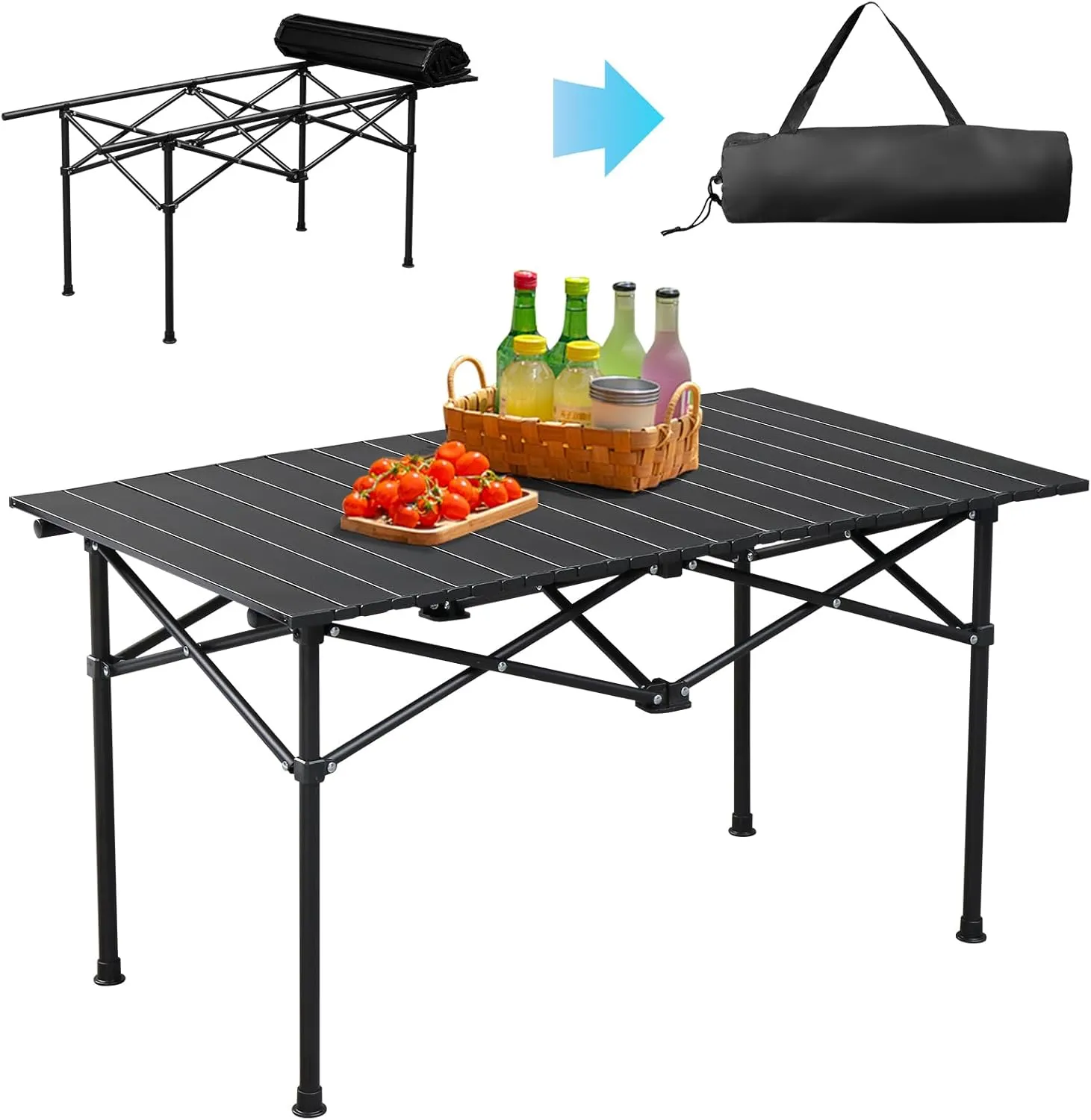 Vasitelan Folding Camping Table, Foldable Portable Roll Up Aluminum Camp Adjustable Height Table with Carry Bag Outdoor for Camping, Picnic, Traveling, BBQ, Party, Beach, Black (47.2 x 20 x 20 inch)