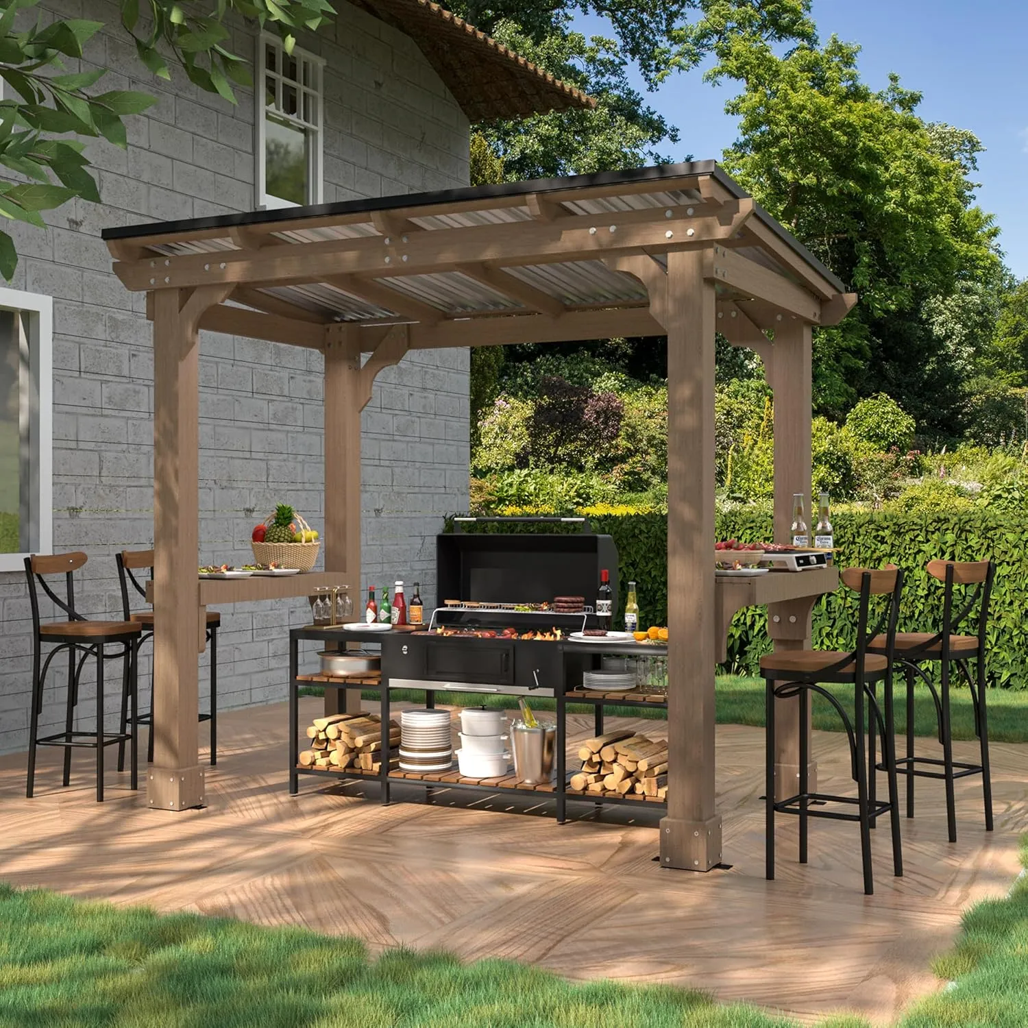 VEIKOU 8’x5’ BBQ Grill Gazebo Shelter with Galvanized Steel Roof, Cedar Frame, Patio Gazebo for Barbecue, Backyard, Garden, Deck, Light Mocha Brown