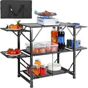 VEVOR Camping Kitchen Station, Folding Outdoor Cooking Table with 2 Shelves 4 Iron Side and Carrying Bag, Easy Set-up for Patio BBQ Picnic Glamping Traveling