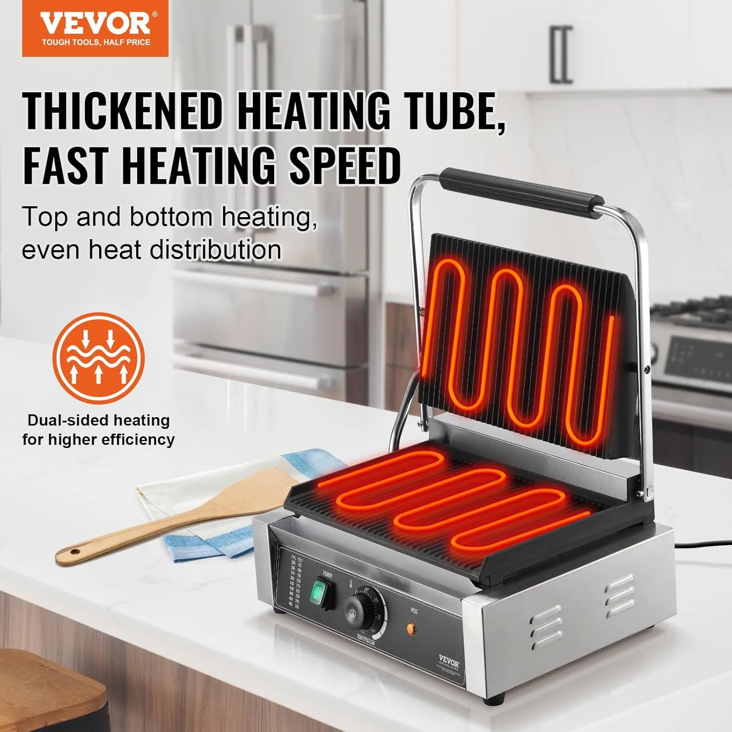 VEVOR Commercial Grill, 1800W Electric Sandwich Maker, Stainless Steel Press, Panini Grill with Temp Control & 14"x9" Full Grooved Enamel Plate, for Hamburger Steak Bacon