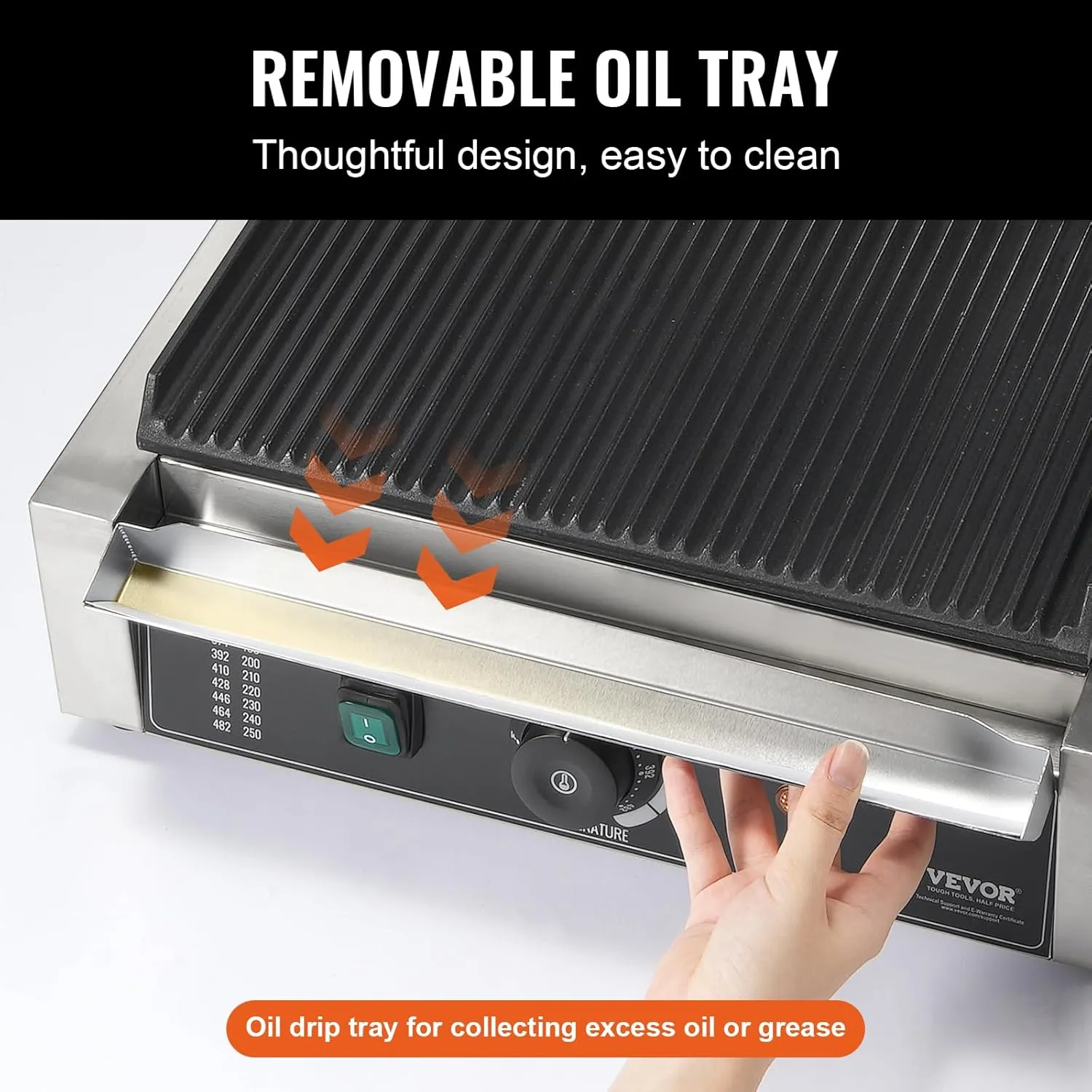 VEVOR Commercial Grill, 1800W Electric Sandwich Maker, Stainless Steel Press, Panini Grill with Temp Control & 14"x9" Full Grooved Enamel Plate, for Hamburger Steak Bacon