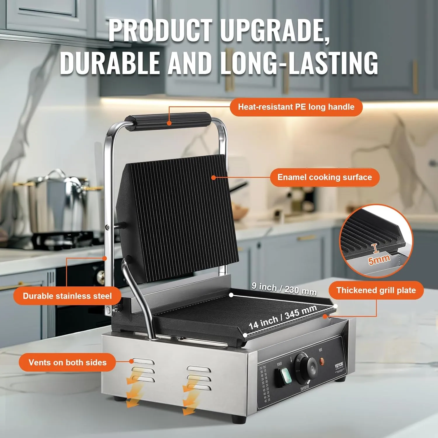 VEVOR Commercial Grill, 1800W Electric Sandwich Maker, Stainless Steel Press, Panini Grill with Temp Control & 14"x9" Full Grooved Enamel Plate, for Hamburger Steak Bacon