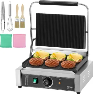 VEVOR Commercial Grill, 1800W Electric Sandwich Maker, Stainless Steel Press, Panini Grill with Temp Control & 14"x9" Full Grooved Enamel Plate, for Hamburger Steak Bacon