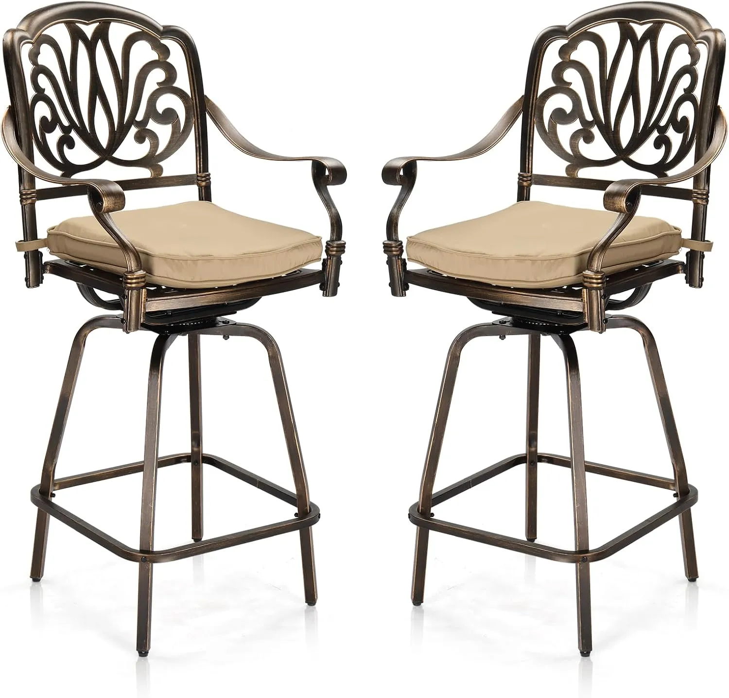 VINGLI Outdoor Swivel Bar Stools Set of 2, Cast Aluminum Patio Bar Height Chairs, All-Weather Bar Dining Chairs Outdoor Swivel Patio Furniture (Elizabethan Back)