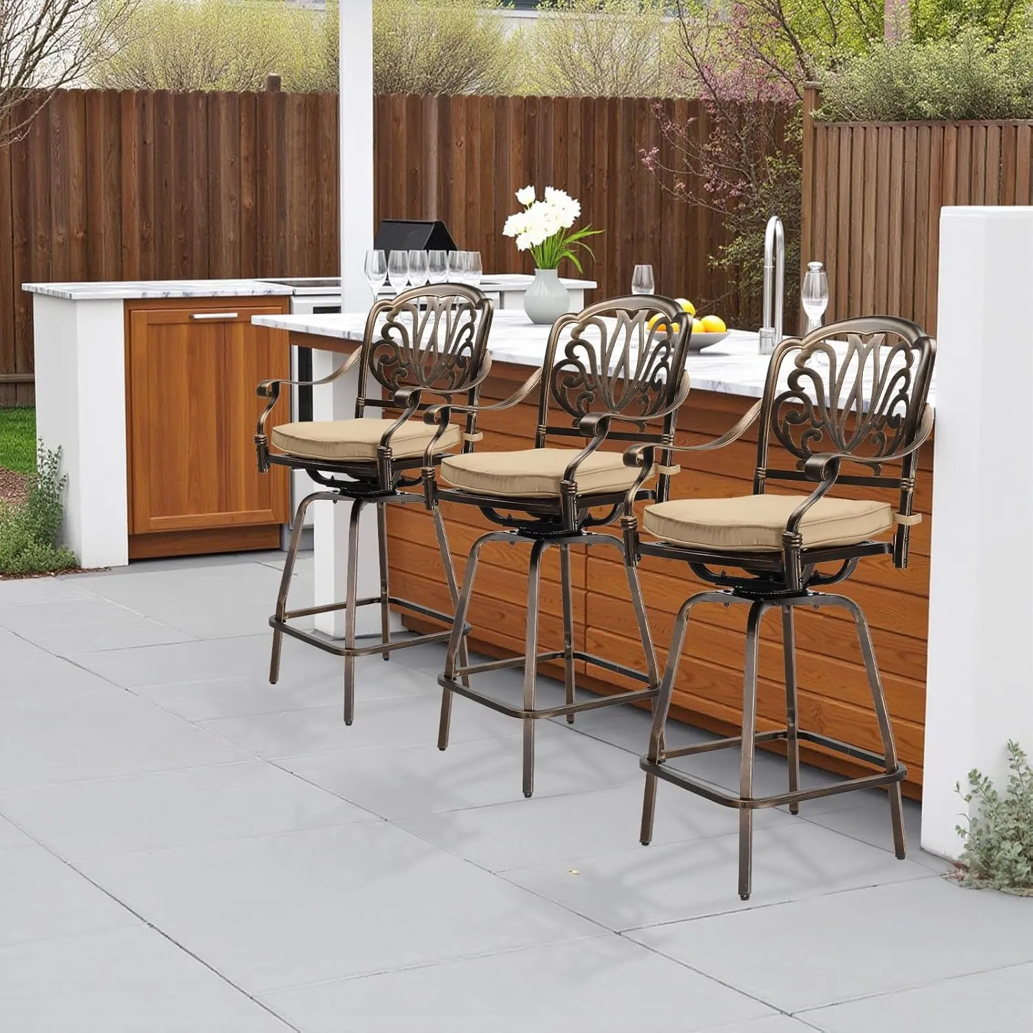 VINGLI Outdoor Swivel Bar Stools Set of 2, Cast Aluminum Patio Bar Height Chairs, All-Weather Bar Dining Chairs Outdoor Swivel Patio Furniture (Elizabethan Back)