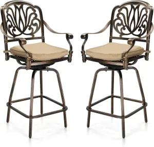 VINGLI Outdoor Swivel Bar Stools Set of 2, Cast Aluminum Patio Bar Height Chairs, All-Weather Bar Dining Chairs Outdoor Swivel Patio Furniture (Elizabethan Back)