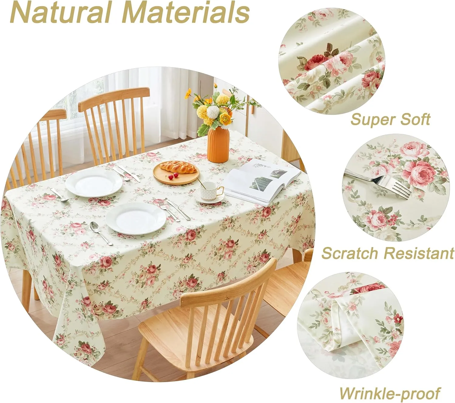 Vintage Floral Rectangle Tablecloth Shabby Chic Flower Table Cloth Spring Table Cover Waterproof for Dinner Kitchen Picnic, Pink, 60x84 Inches