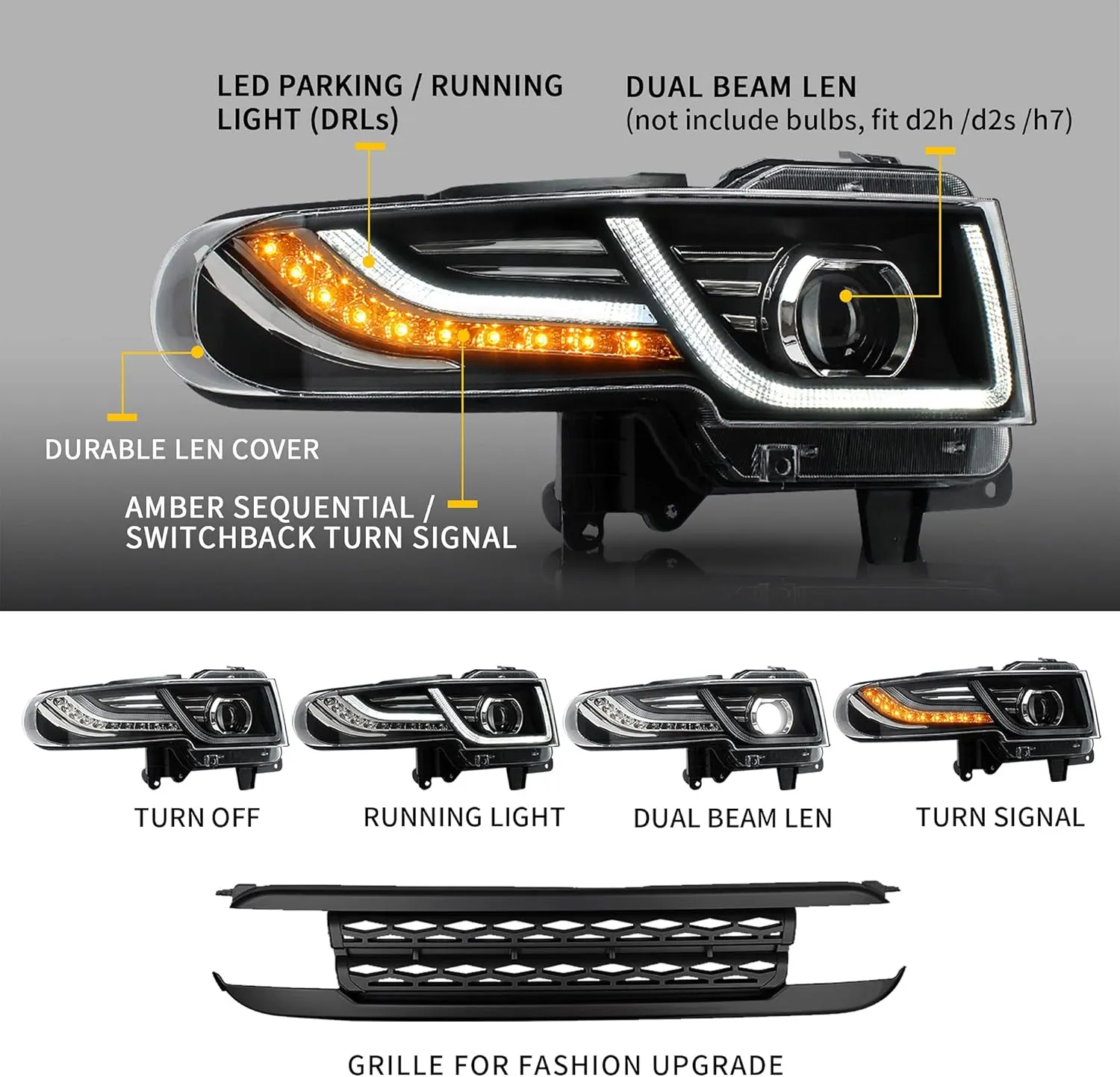 VLAND Projector LED Headlight & Black Bumper for Toyota FJ Cruiser SUV 1st Gen 2007-2021 with Sequential Turn Signal & DRL Bars YAA-FJ-0249AH, (Bulbs NOT included Fit H7 /D2H)