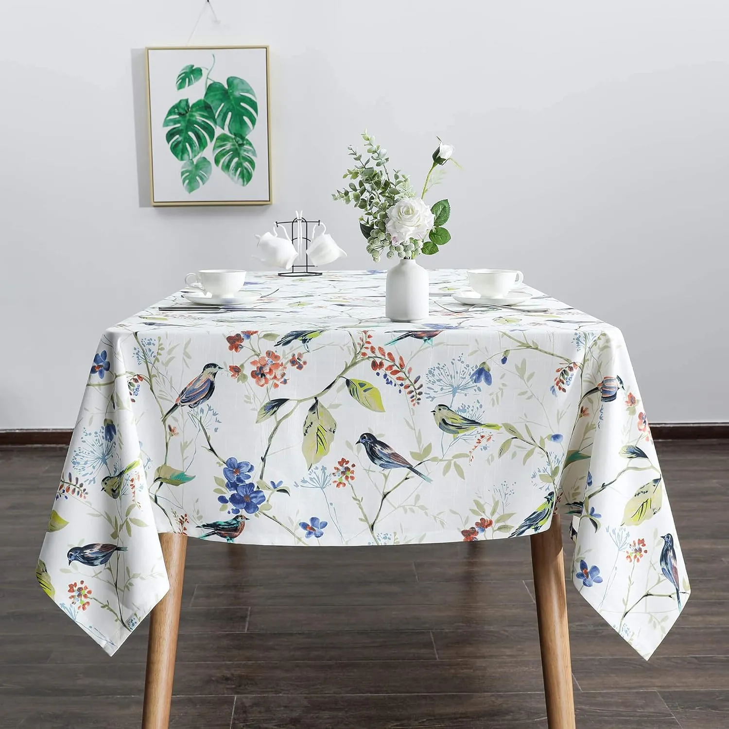 VOGOL Rectangle Tablecloth, Stain and Wrinkle Resistant Washable Linen Table Cloth, Floral and Birds Print Decorative Tabletop for Dining Table Buffet Parties and Camping,52x70