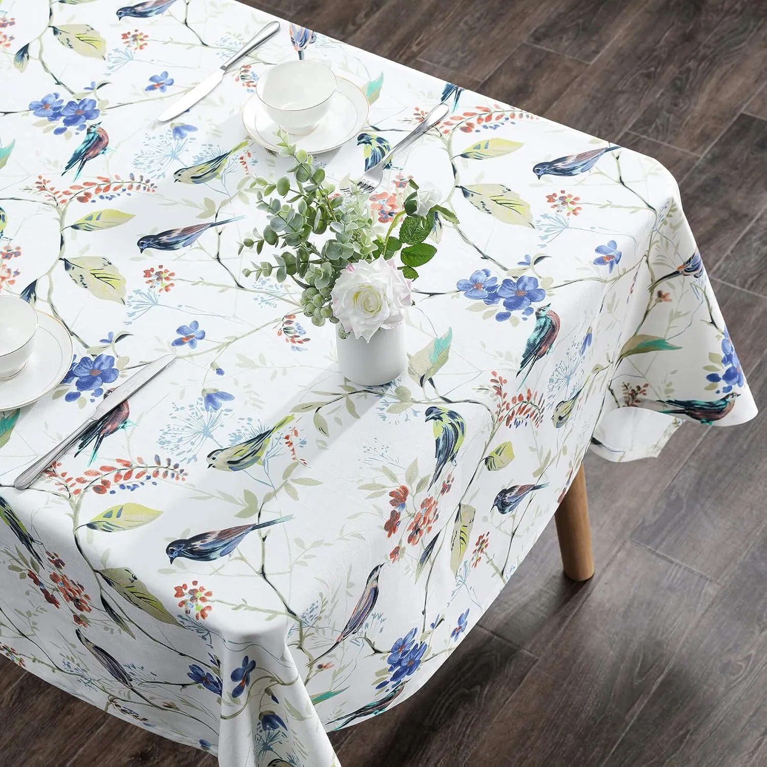 VOGOL Rectangle Tablecloth, Stain and Wrinkle Resistant Washable Linen Table Cloth, Floral and Birds Print Decorative Tabletop for Dining Table Buffet Parties and Camping,52x70