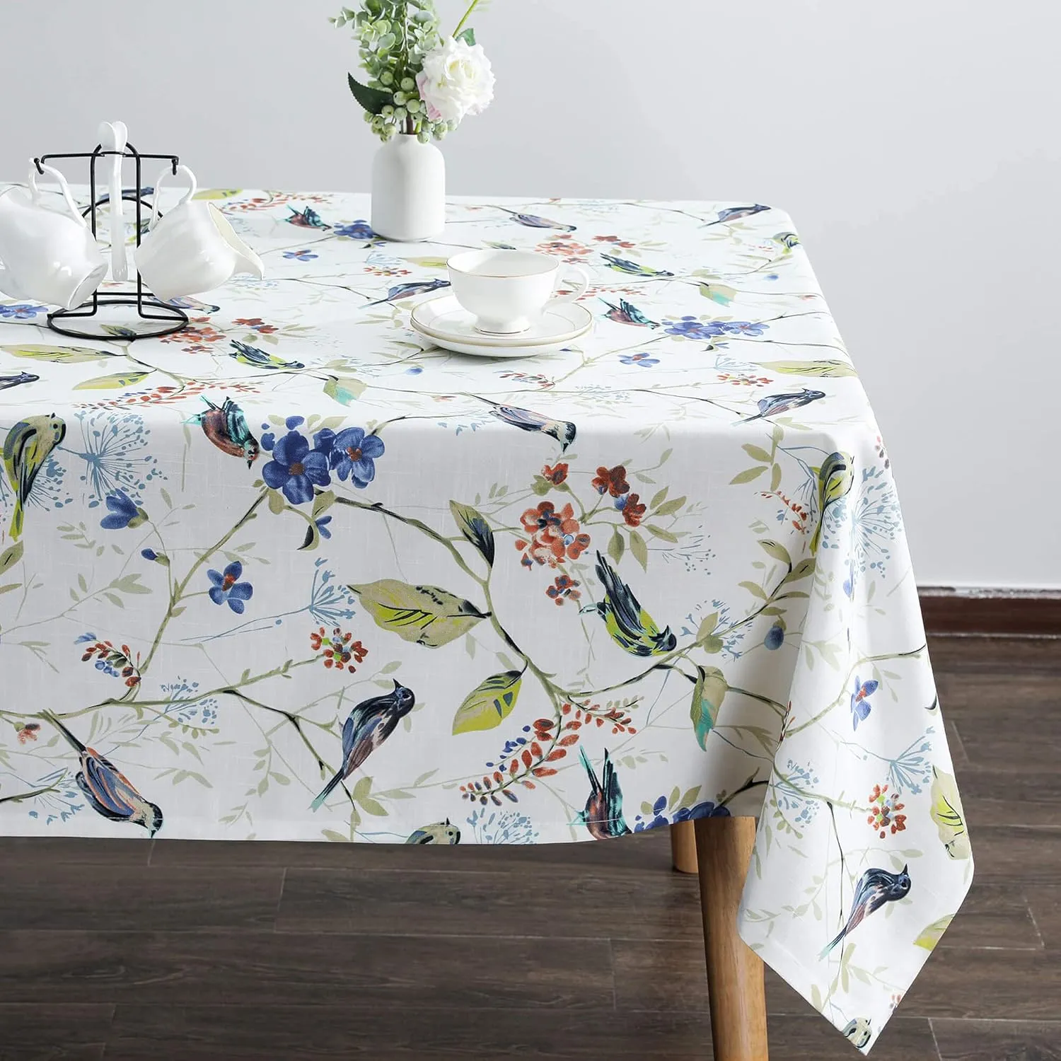 VOGOL Rectangle Tablecloth, Stain and Wrinkle Resistant Washable Linen Table Cloth, Floral and Birds Print Decorative Tabletop for Dining Table Buffet Parties and Camping,52x70