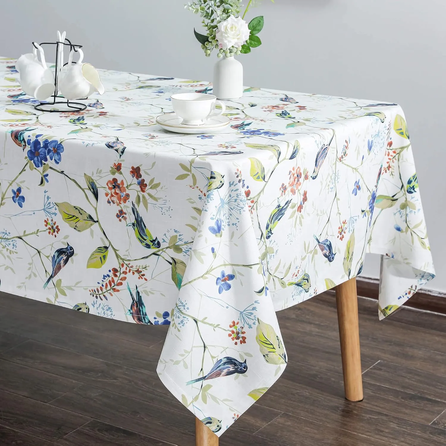VOGOL Rectangle Tablecloth, Stain and Wrinkle Resistant Washable Linen Table Cloth, Floral and Birds Print Decorative Tabletop for Dining Table Buffet Parties and Camping,52x70