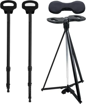 Walking Stick With Seat - Adjustable Portable Cane, Foldable Stool With 2 Bases, Pocket Storage Bag and Removable Cushion - Aluminum Lightweight Mobility Aid Crutch