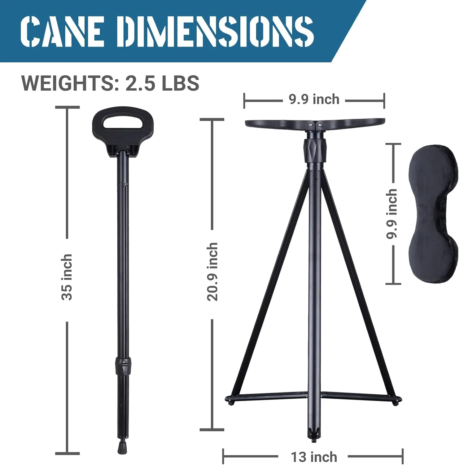 Walking Stick With Seat - Adjustable Portable Cane, Foldable Stool With 2 Bases, Pocket Storage Bag and Removable Cushion - Aluminum Lightweight Mobility Aid Crutch