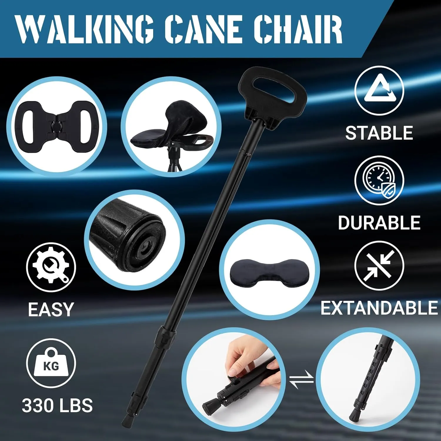 Walking Stick With Seat - Adjustable Portable Cane, Foldable Stool With 2 Bases, Pocket Storage Bag and Removable Cushion - Aluminum Lightweight Mobility Aid Crutch