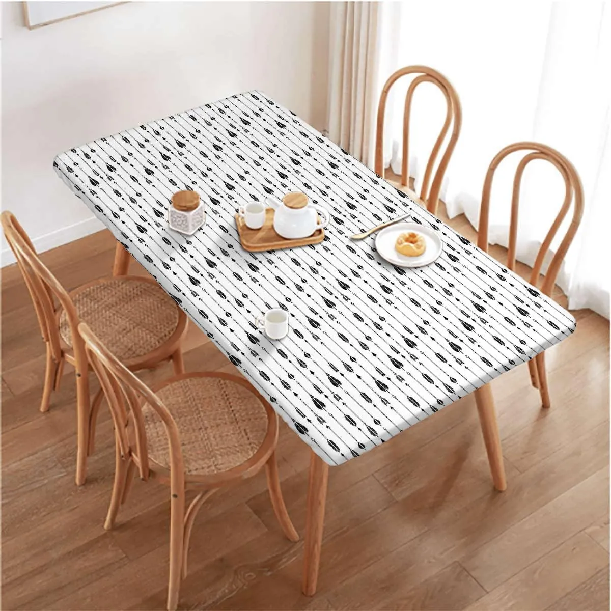White Charcoal Elastic Tablecloth Monochrome Bohema Ornaments Picnic Fitted Tablecloth Rectangle Table Cover,for 4 Foot Tables Arrows