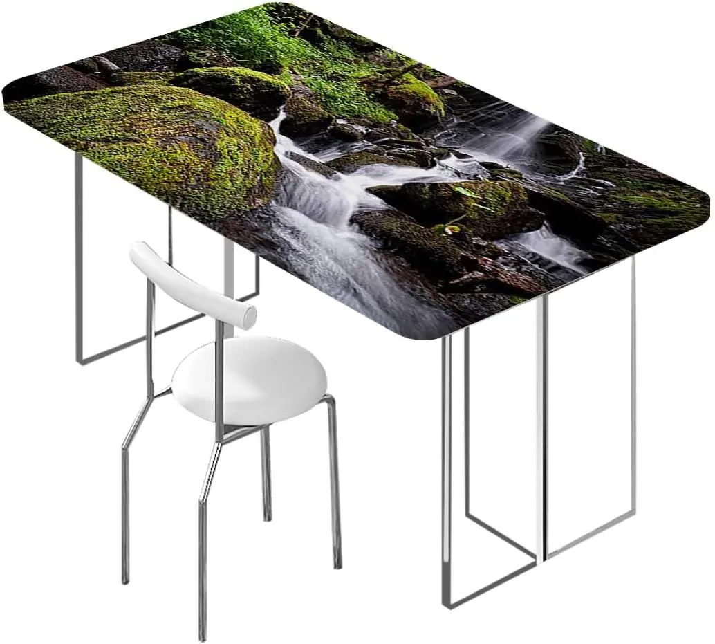 White Green Rectangle Table Cloth Cover, Waterfall Down The Cliffs Deep in Forest Waterproof Elastic Fitted Table Covers,Camping, Indoor, Outdoor Scenery Fits up 5 Foot Tables
