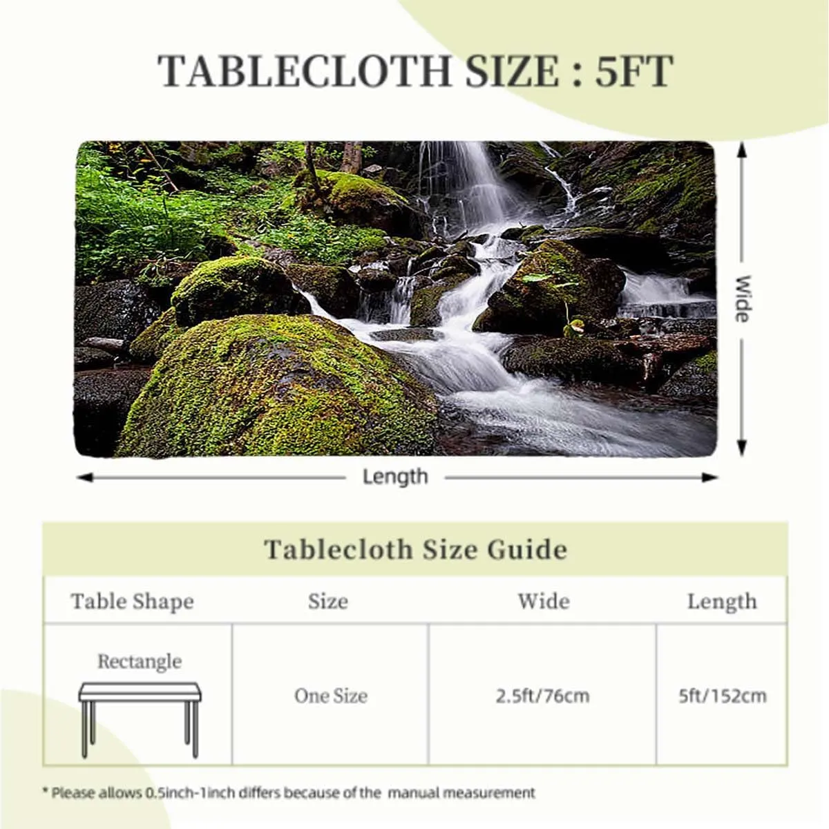 White Green Rectangle Table Cloth Cover, Waterfall Down The Cliffs Deep in Forest Waterproof Elastic Fitted Table Covers,Camping, Indoor, Outdoor Scenery Fits up 5 Foot Tables