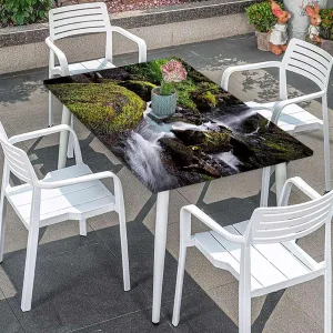 White Green Rectangle Table Cloth Cover, Waterfall Down The Cliffs Deep in Forest Waterproof Elastic Fitted Table Covers,Camping, Indoor, Outdoor Scenery Fits up 5 Foot Tables