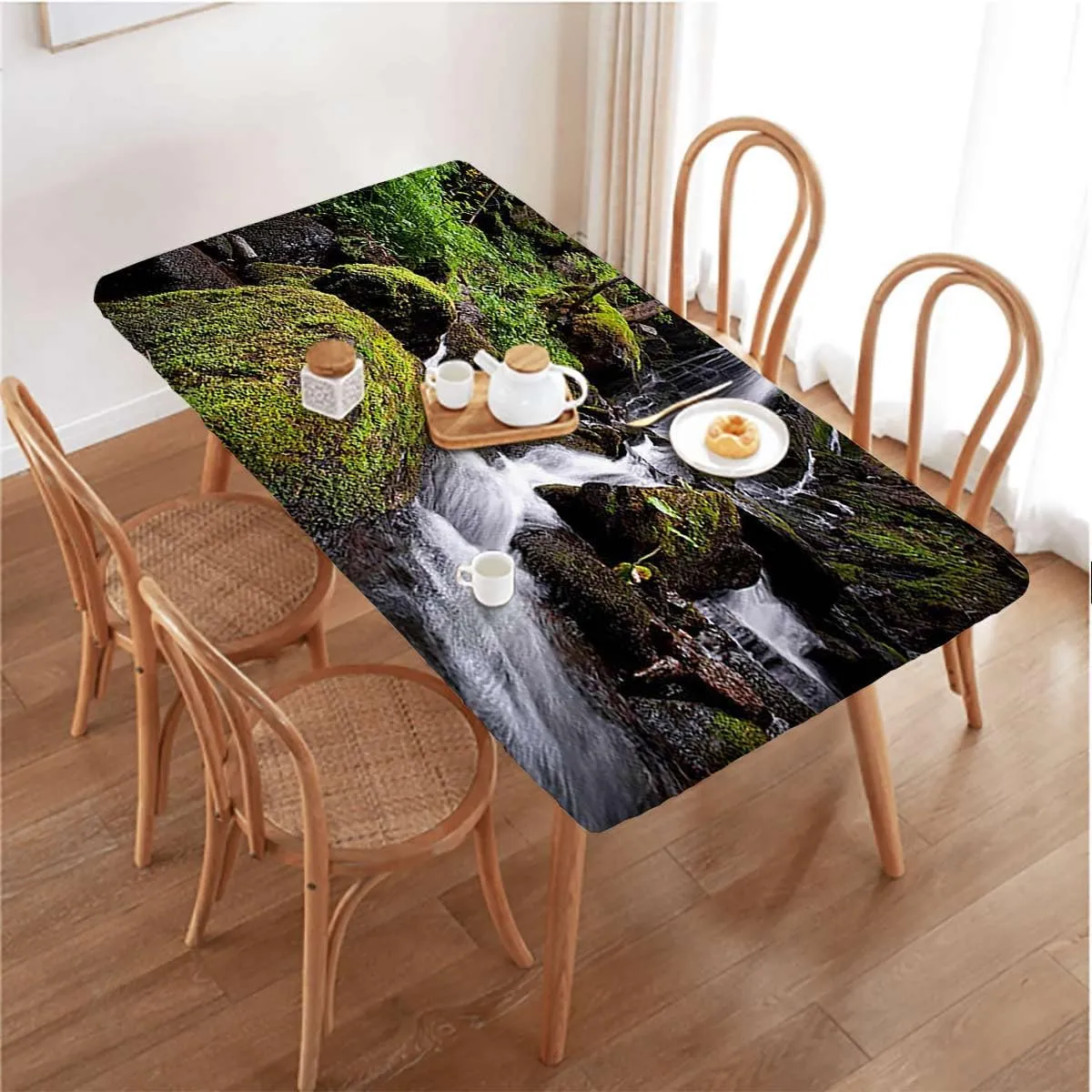 White Green Rectangle Table Cloth Cover, Waterfall Down The Cliffs Deep in Forest Waterproof Elastic Fitted Table Covers,Camping, Indoor, Outdoor Scenery Fits up 5 Foot Tables