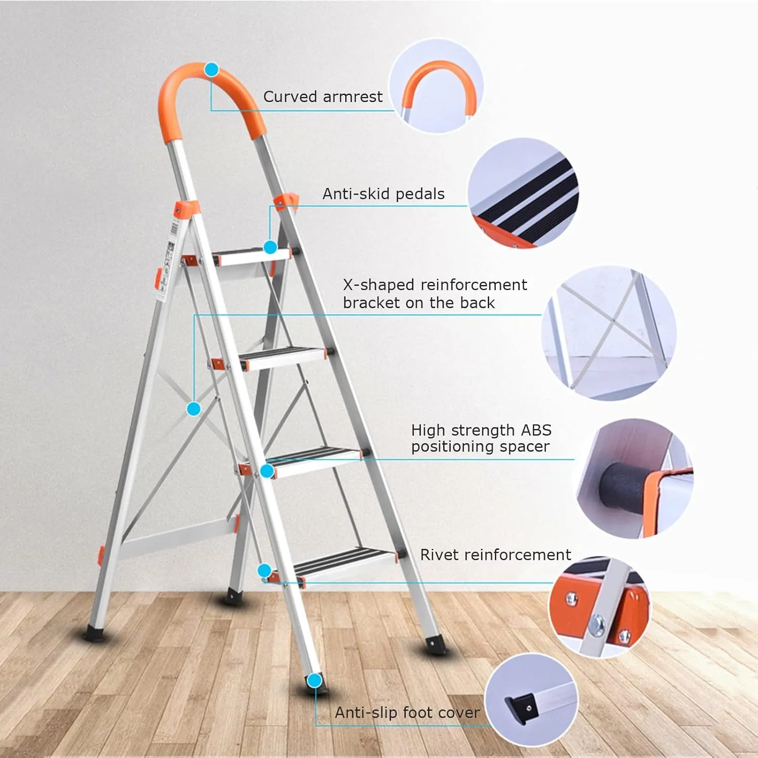 with heightened handrail Herringbone Ladder Home Folding Portable Ladder Multi-Functional Stair Stool, 3-Step Ladder / 4-Step Ladder (Color : Stainless Steel, Size : 4 Steps)