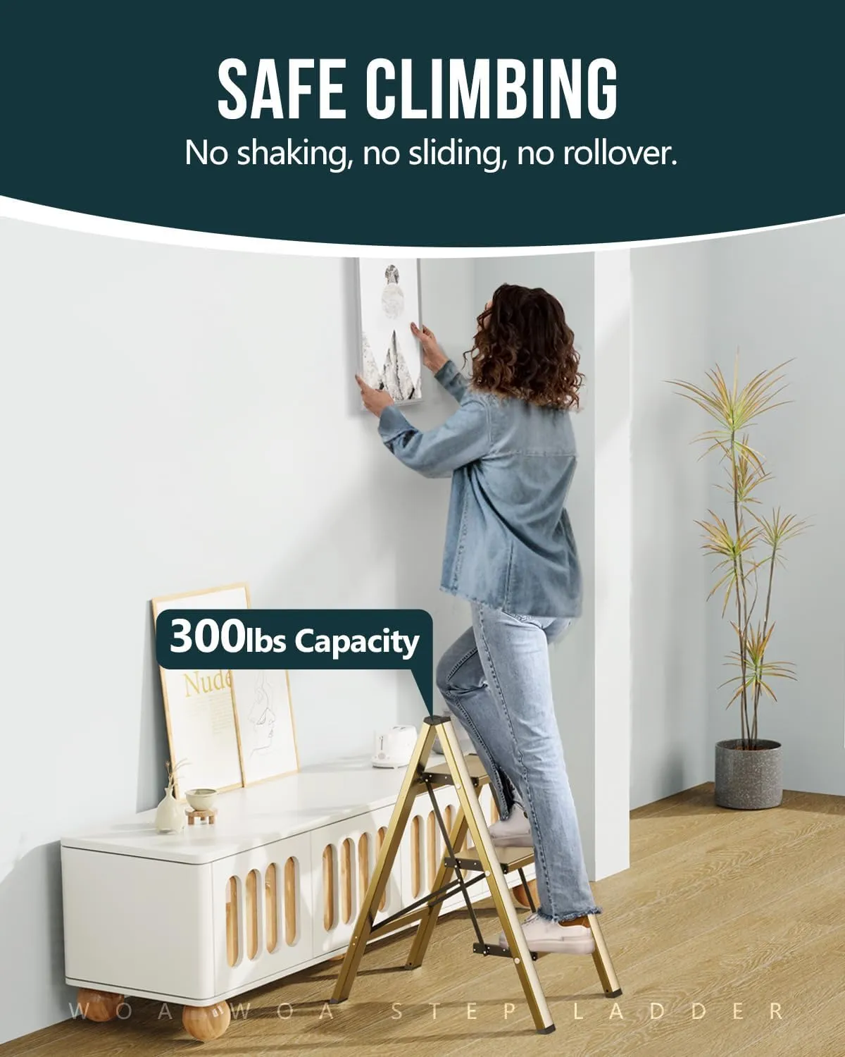 WOA WOA Step Ladder, 3 Step Foldable Step Stool with Widen Pedals, Portable Home Ladder for Kitchen, Lightweight Aluminum Stepladder, Compact Ladder for Space Saving (300lbs, Gold)
