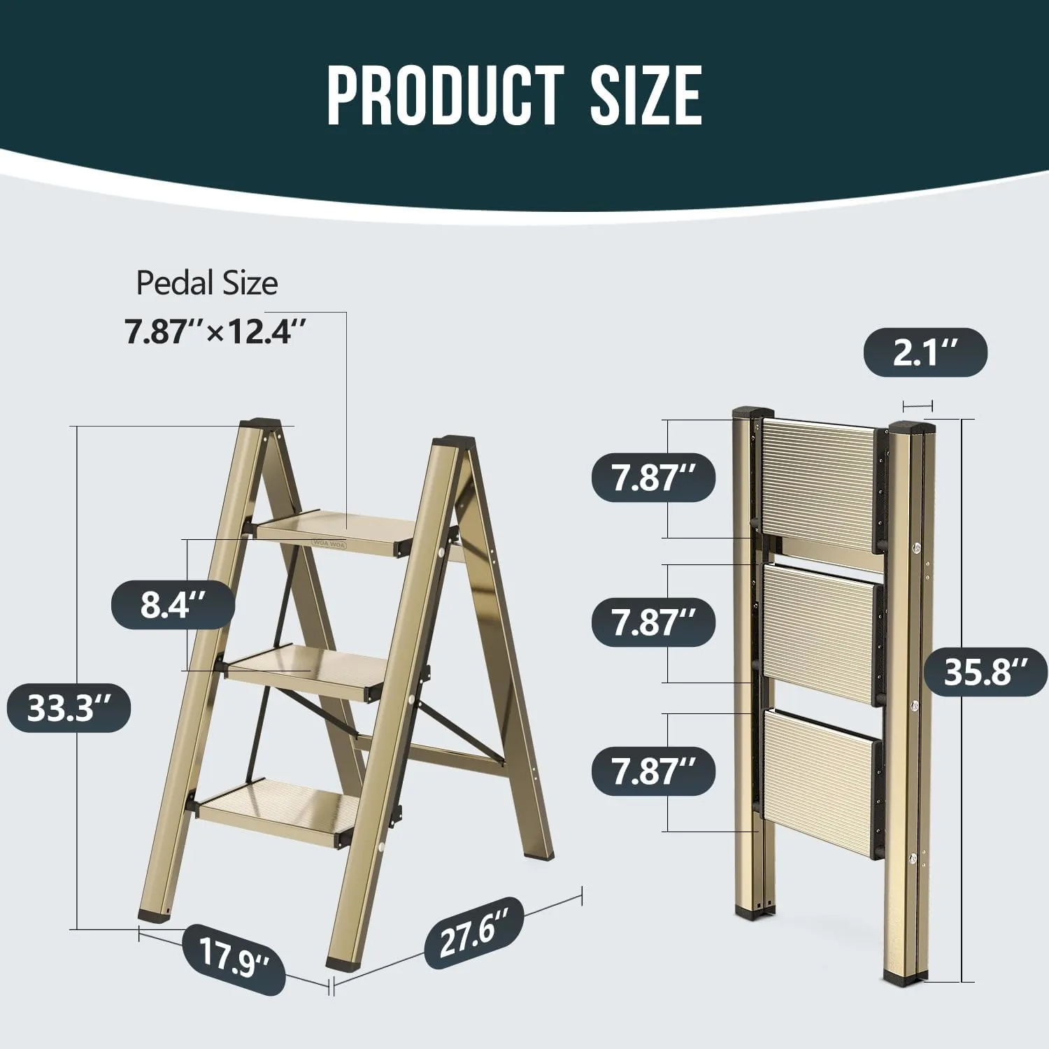 WOA WOA Step Ladder, 3 Step Foldable Step Stool with Widen Pedals, Portable Home Ladder for Kitchen, Lightweight Aluminum Stepladder, Compact Ladder for Space Saving (300lbs, Gold)