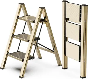 WOA WOA Step Ladder, 3 Step Foldable Step Stool with Widen Pedals, Portable Home Ladder for Kitchen, Lightweight Aluminum Stepladder, Compact Ladder for Space Saving (300lbs, Gold)