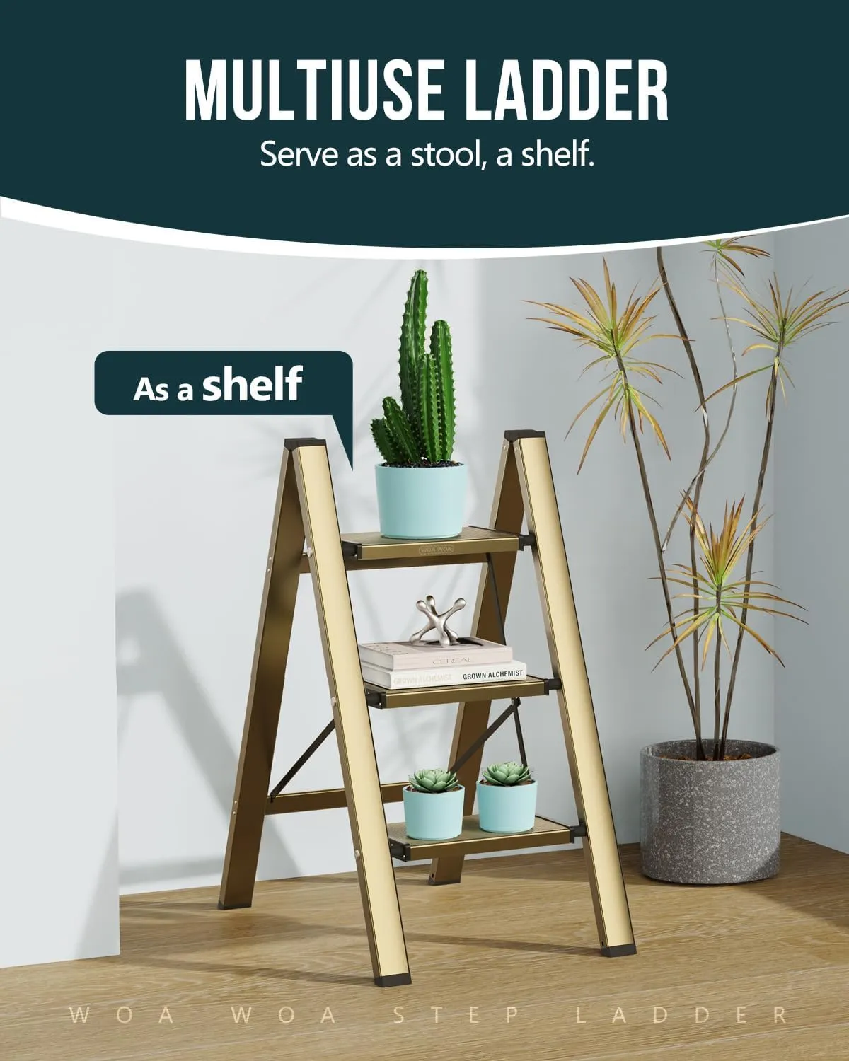 WOA WOA Step Ladder, 3 Step Foldable Step Stool with Widen Pedals, Portable Home Ladder for Kitchen, Lightweight Aluminum Stepladder, Compact Ladder for Space Saving (300lbs, Gold)