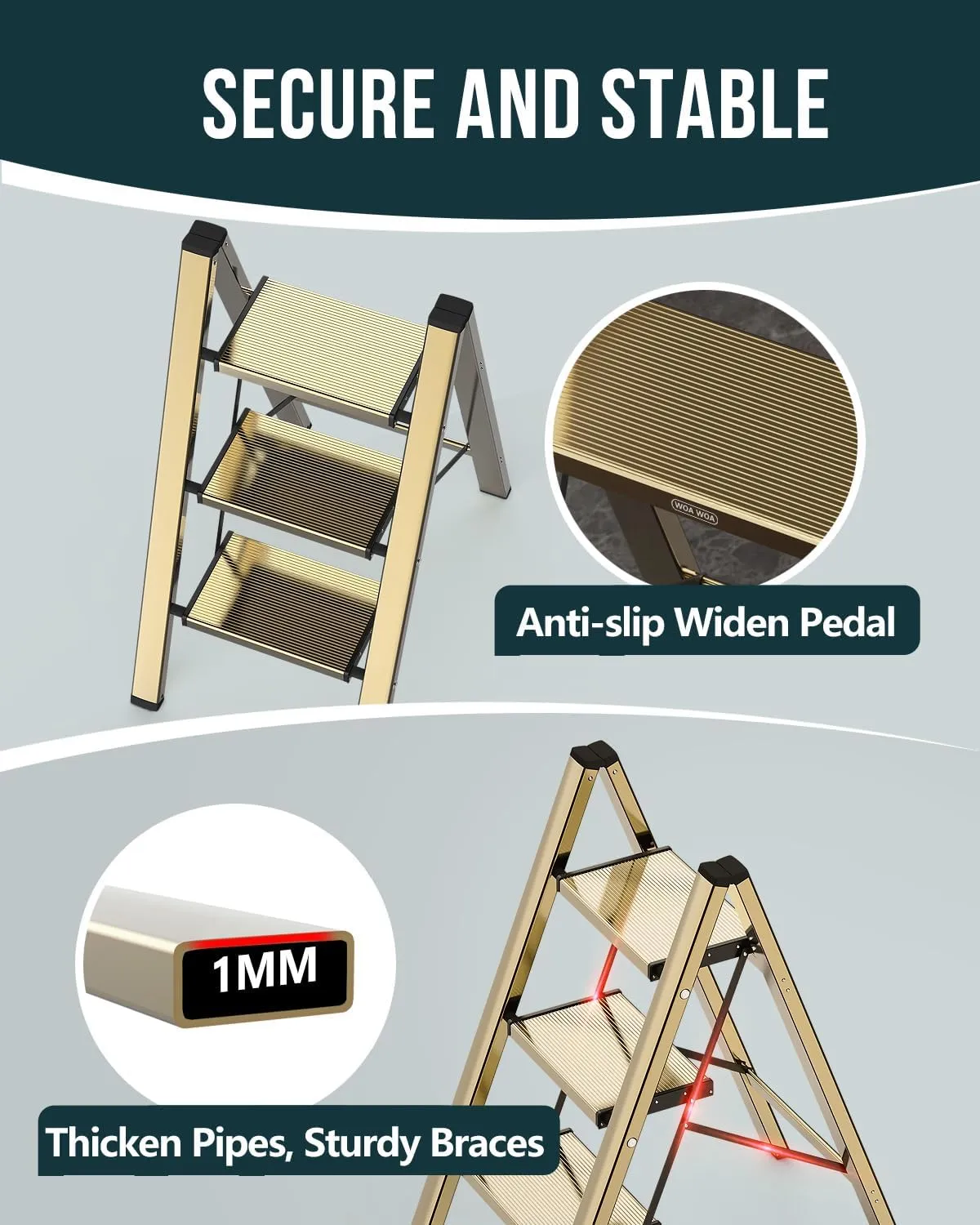 WOA WOA Step Ladder, 3 Step Foldable Step Stool with Widen Pedals, Portable Home Ladder for Kitchen, Lightweight Aluminum Stepladder, Compact Ladder for Space Saving (300lbs, Gold)