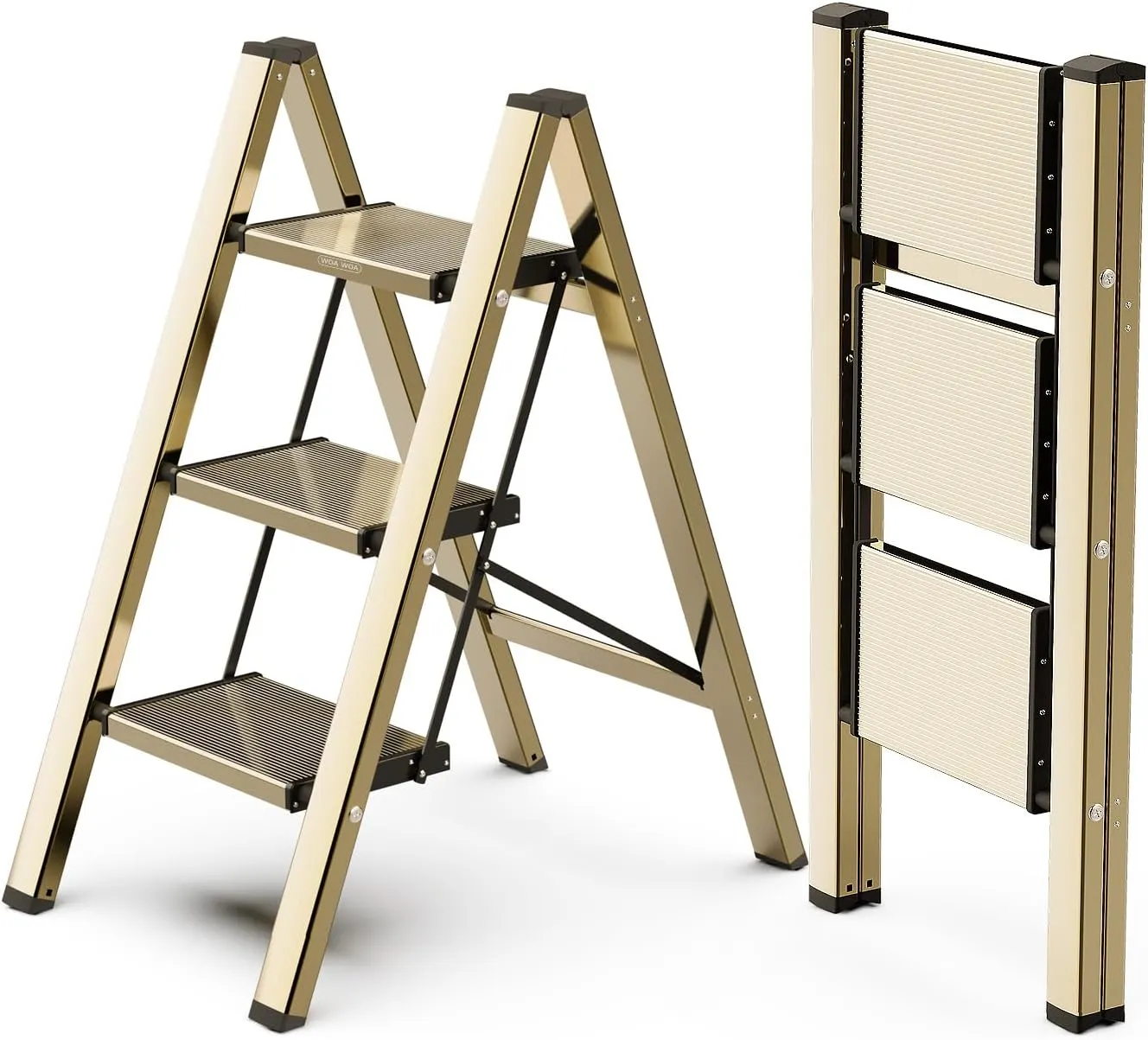WOA WOA Step Ladder, 3 Step Foldable Step Stool with Widen Pedals, Portable Home Ladder for Kitchen, Lightweight Aluminum Stepladder, Compact Ladder for Space Saving (300lbs, Gold)