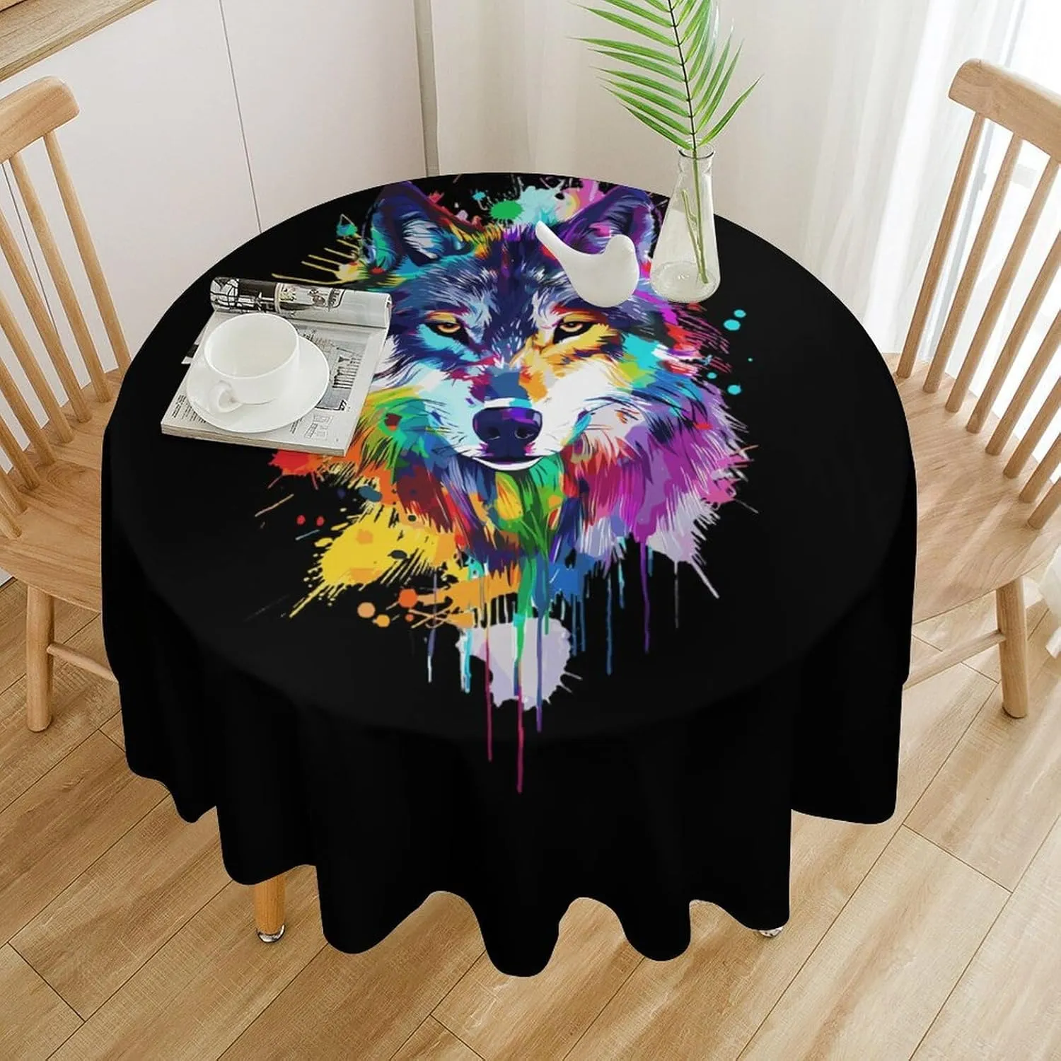 Wolf Splash Animal Face Table Cloth Round Cover Tablecloth Washable Tabletop Decor 50 Inch